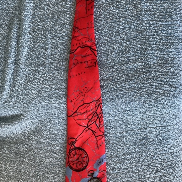 Ralph Marlin Steam Train Map Tie Mens OS Red Excellent 1994 Locomotive Vintage - Picture 2 of 5